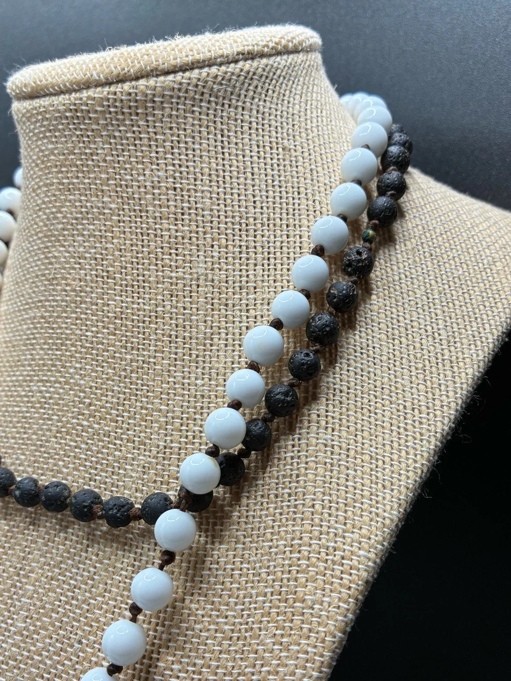 Vintage Layered Mixed Black and White Beaded Necklace with Tassel
